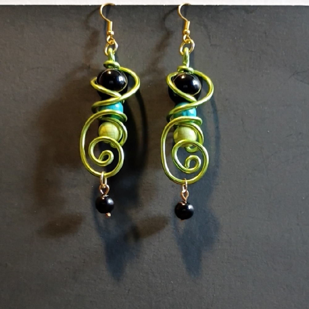 Artisan Green and Black Swirl Earrings